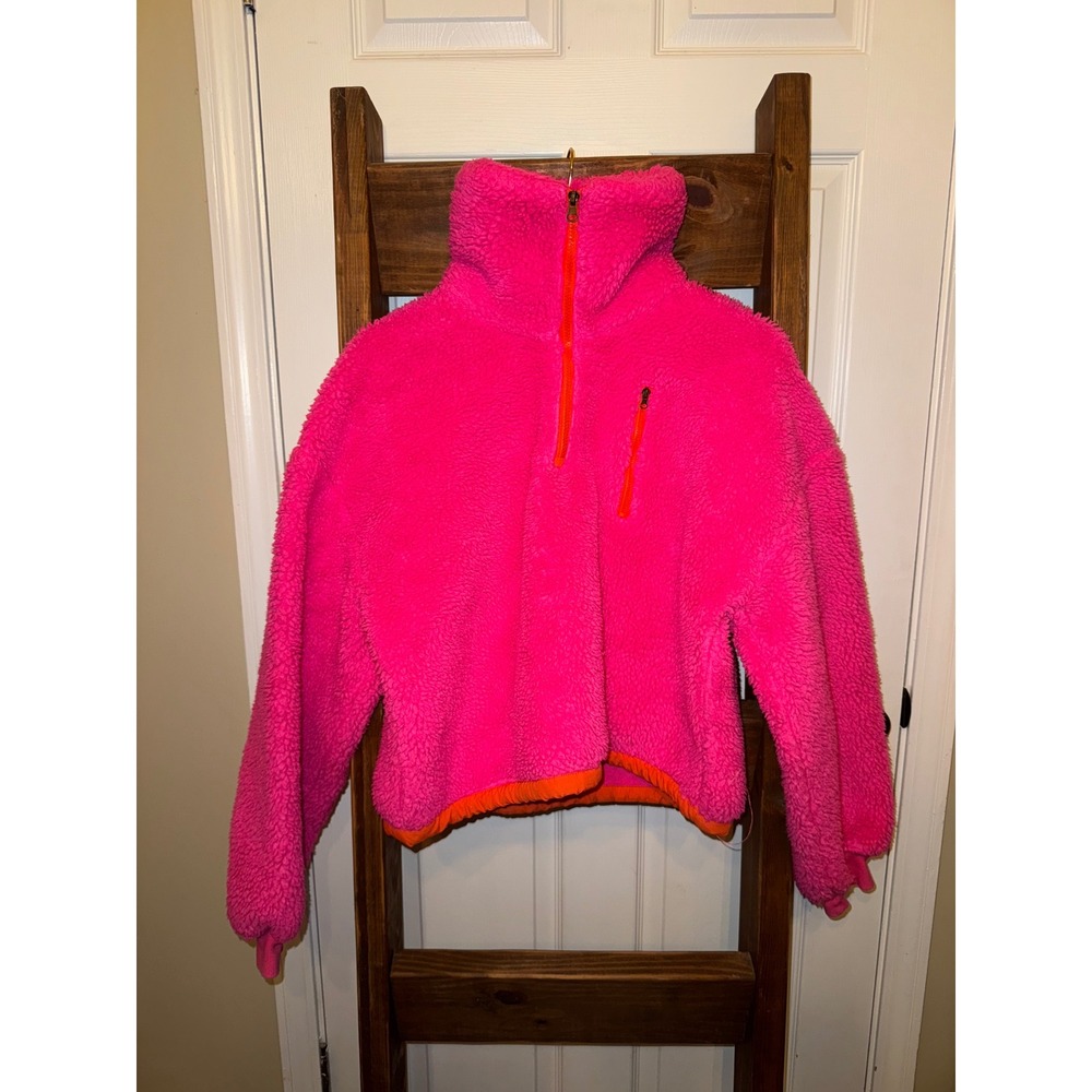 Starfit Fleece Pullover Jacket Neon Pink Orange‎ Trim Cropped Funnel Neck Small